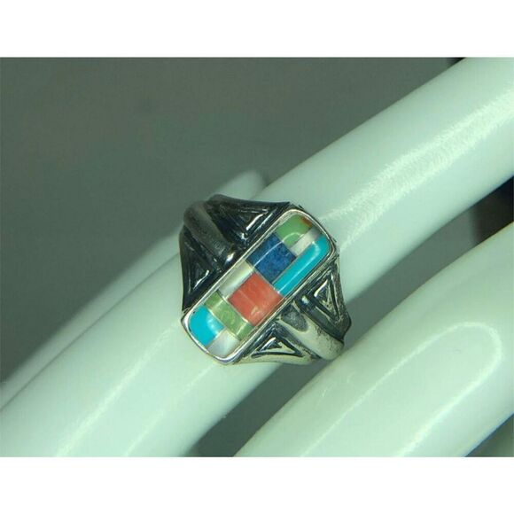1180 Carolyn Pollack Sterling Silver Geometric Multi-Stone Inlay Ring sz 7.25 - Picture 1 of 2